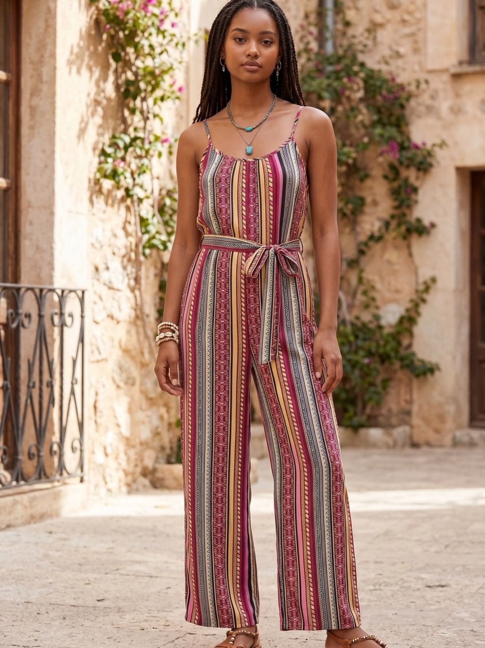 Striped Tie-Waist Wide-Leg Jumpsuit - Multi Stripe